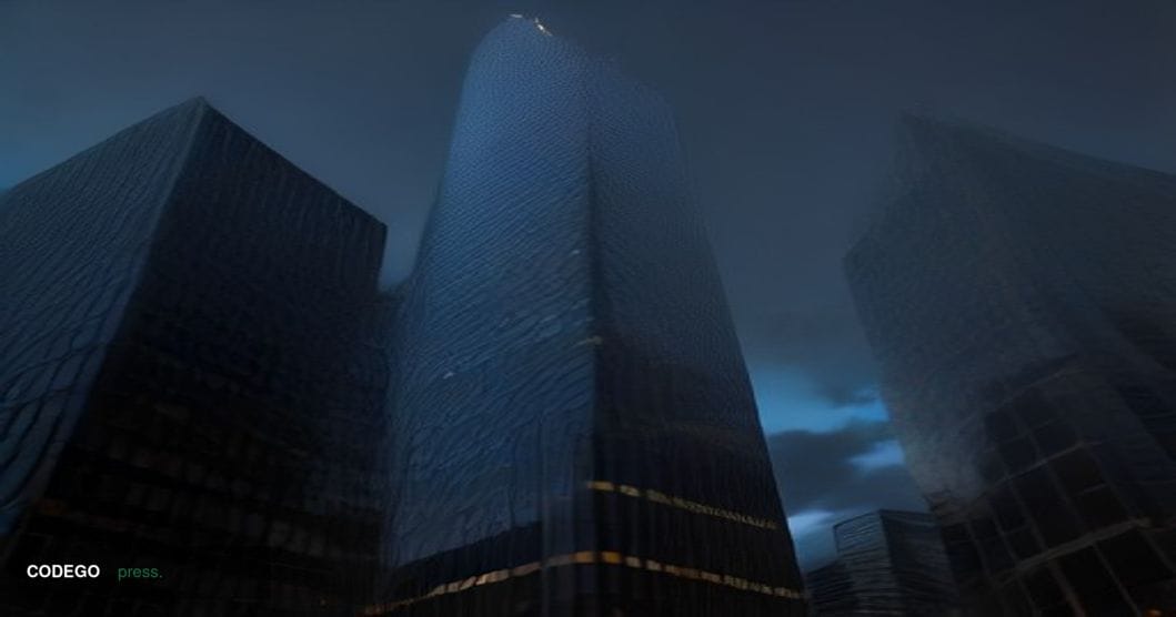 A dramatic cinematic editorial photograph of a sleek modern glass-and-steel corporate banking tower in Frankfurt's financial 