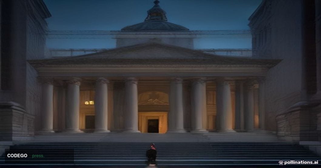 A cinematic editorial photograph of a grand Milanese banking headquarters exterior at dusk, shot from a low angle looking upw