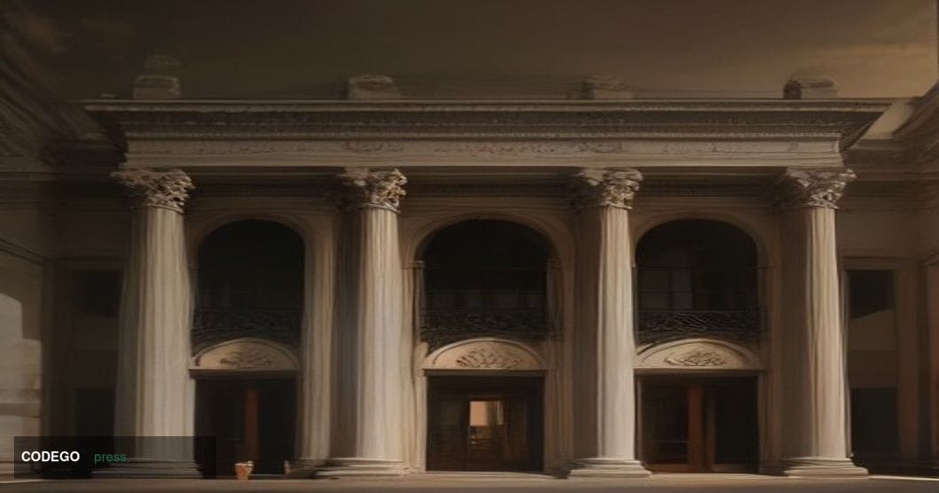 A cinematic editorial photograph of a stately Southern bank building in Alabama, shot at dusk with warm amber light casting l