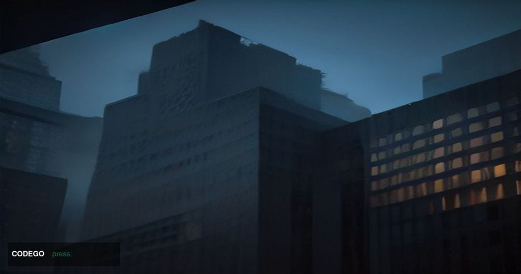 A cinematic editorial photograph shot from a low angle looking up at a imposing brutalist US federal government building faca