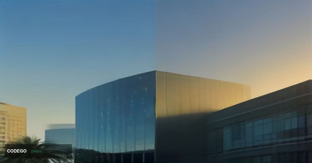 A cinematic editorial photograph of a polished modern glass-and-steel corporate banking office exterior set against a vivid F