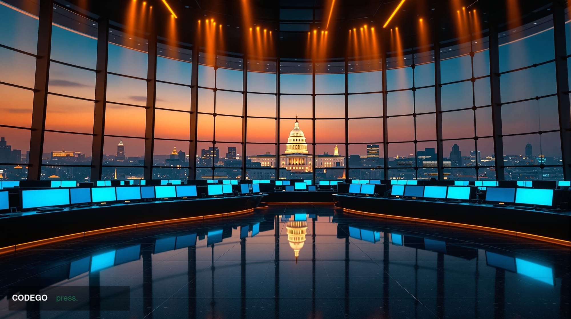A photorealistic editorial photograph shot from a low wide-angle perspective inside a vast, modern American trading floor env