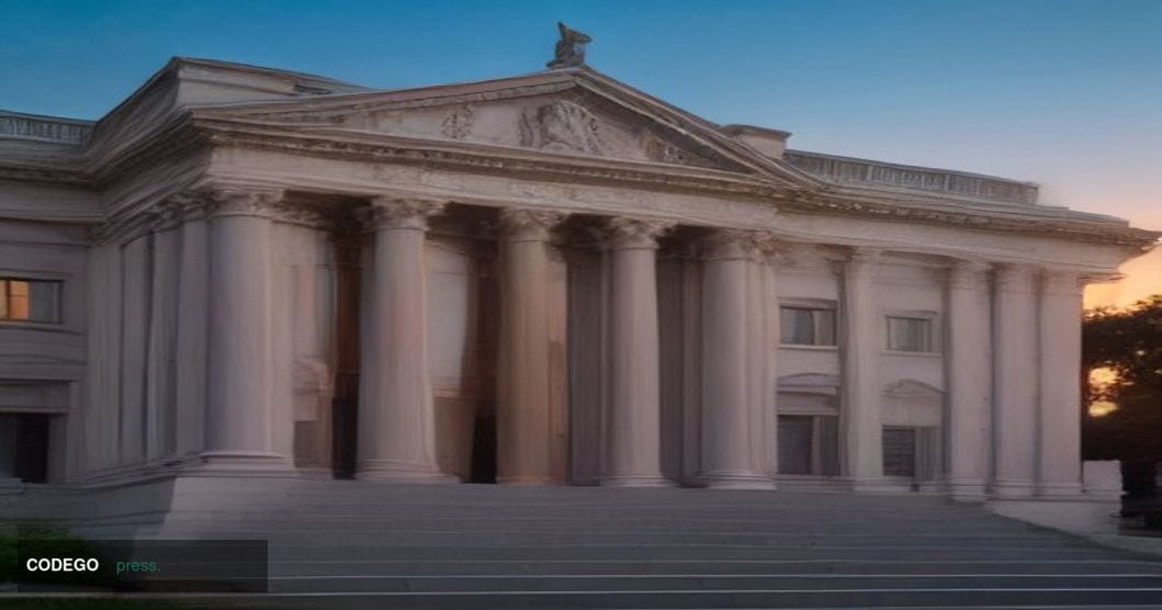 A photorealistic cinematic editorial photograph of a grand neoclassical bank headquarters exterior in Minneapolis at dusk, it