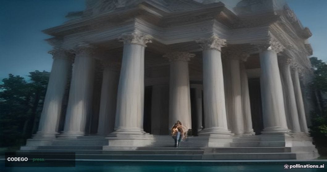 A dimly lit federal courthouse exterior at dusk, rendered in cinematic photorealistic 8K quality with dramatic chiaroscuro li