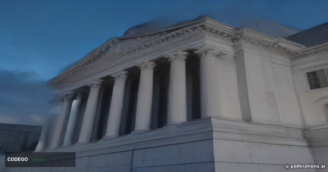 A cinematic editorial photograph shot from a low angle looking up at the imposing neoclassical stone facade of a Washington D