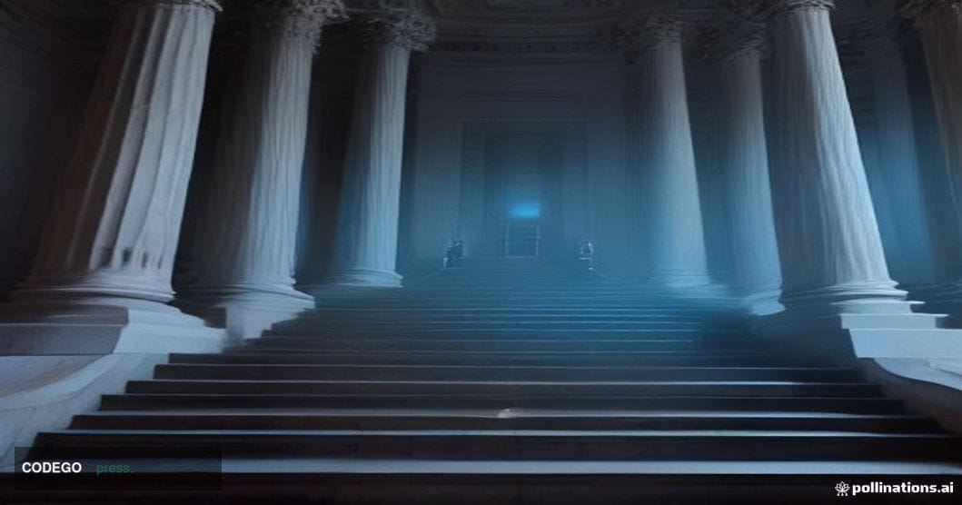 A cinematic editorial photograph shot from a low angle looking up at the imposing stone columns of a federal courthouse in Wa
