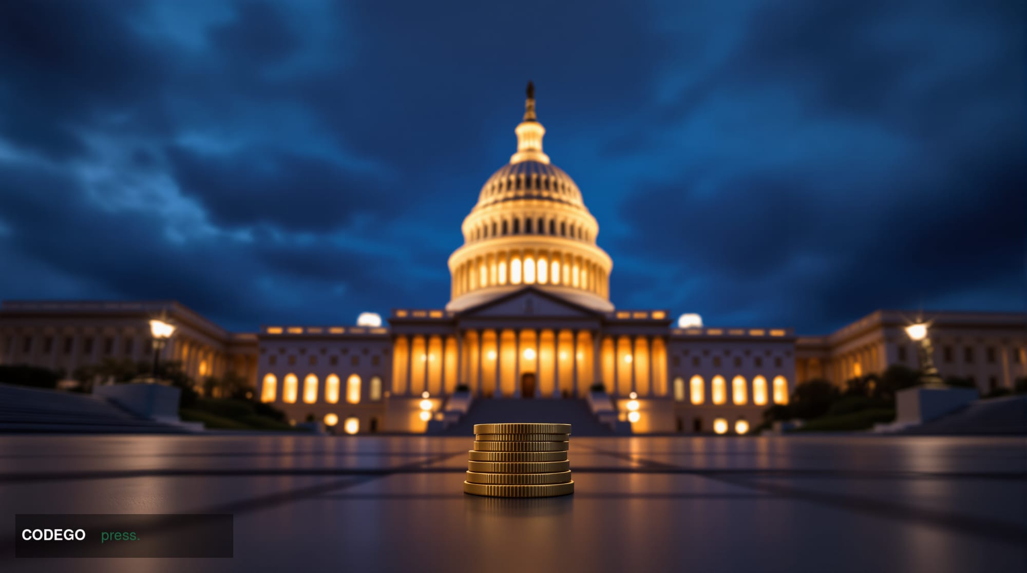 A cinematic editorial photograph of the United States Capitol building exterior at dusk, shot from a low angle looking upward