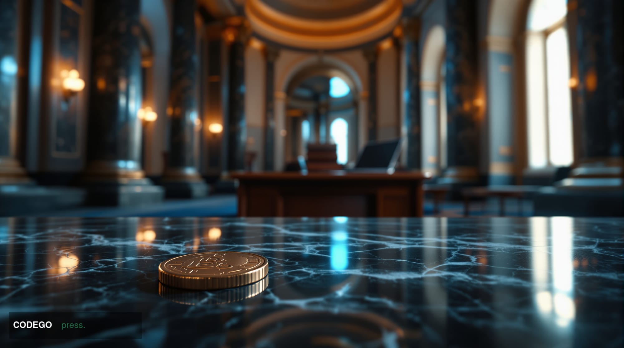 A photorealistic editorial photograph set inside a grand neoclassical congressional chamber corridor in Washington D.C., with