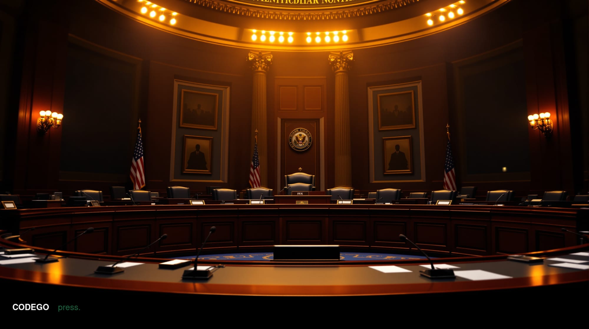 A cinematic photorealistic editorial photograph set inside a grand congressional committee chamber in Washington D.C., viewed