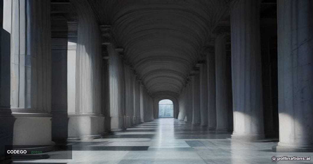 A dramatic cinematic editorial photograph set inside a federal courthouse corridor in lower Manhattan, New York, with high ma