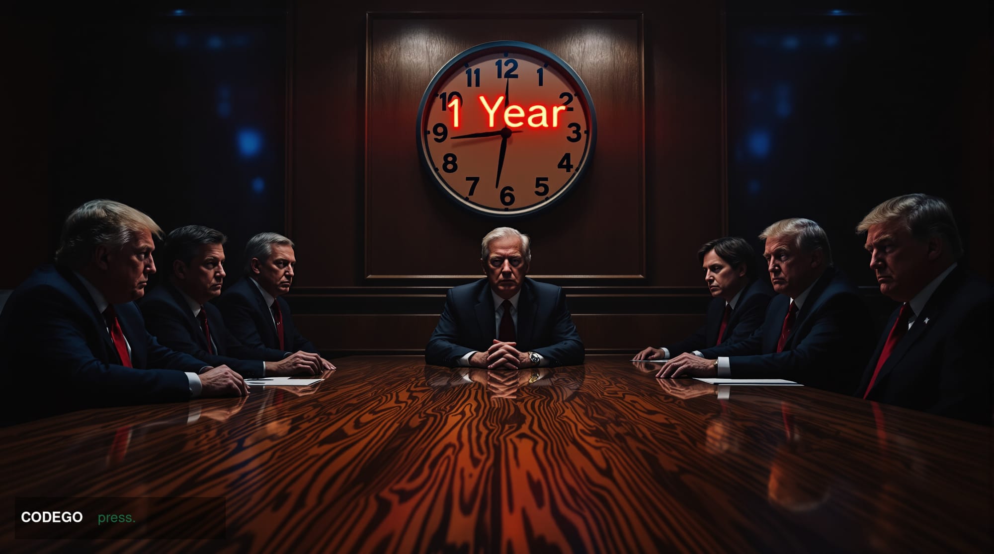 A photorealistic editorial photograph set inside a grand Washington D.C. federal regulatory building, with a massive analog c