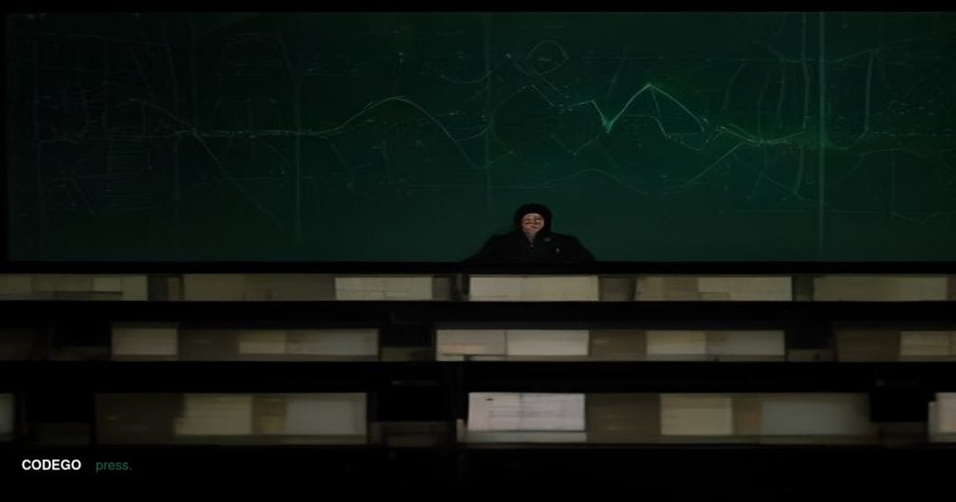 A dramatic cinematic editorial photograph set in a dimly lit federal law enforcement operations center, shot from a low angle