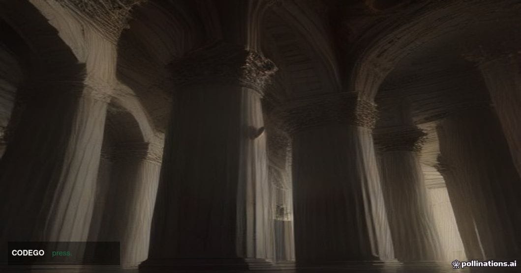 A photorealistic cinematic editorial photograph set in a federal courthouse environment, shot from a low angle looking up at 