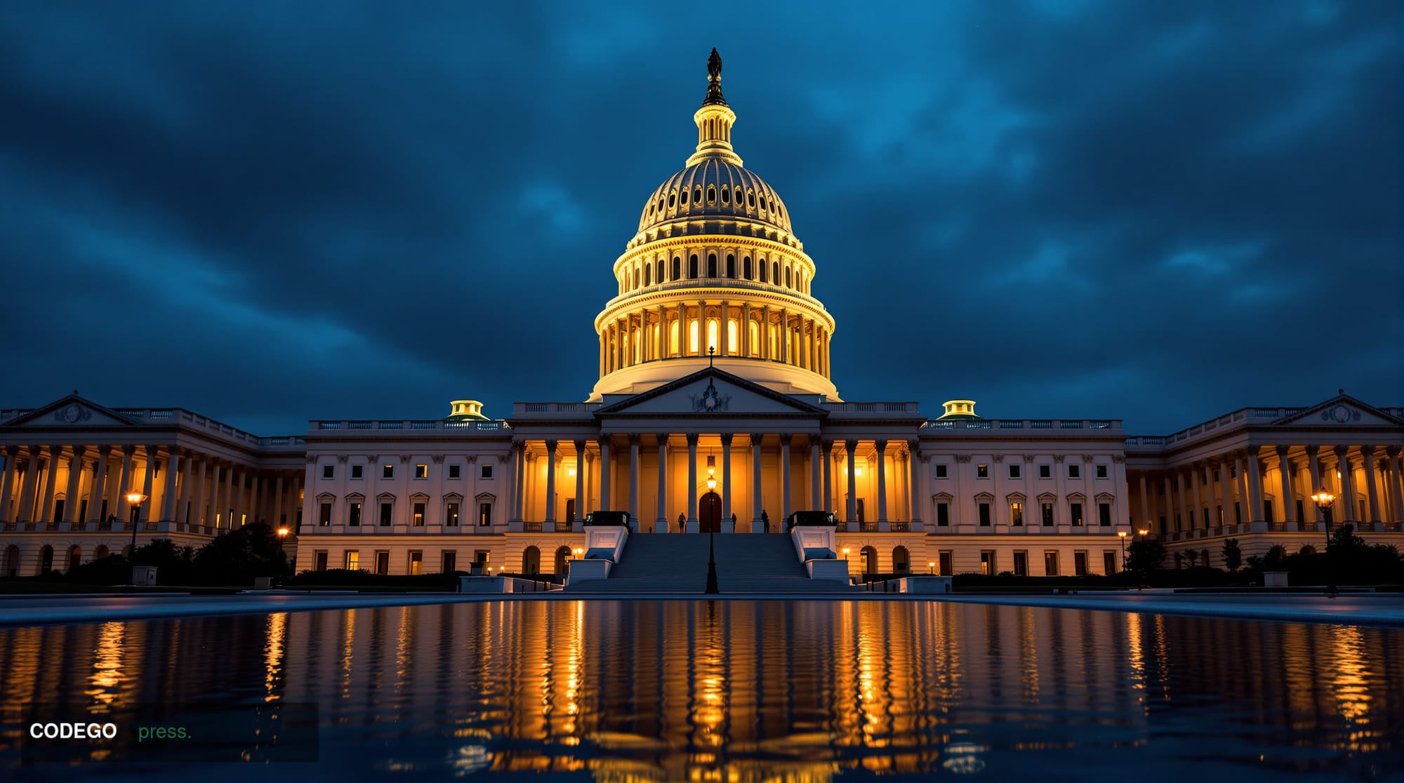 A wide-angle cinematic editorial photograph of the United States Capitol building in Washington D.C. shot at dusk from the we