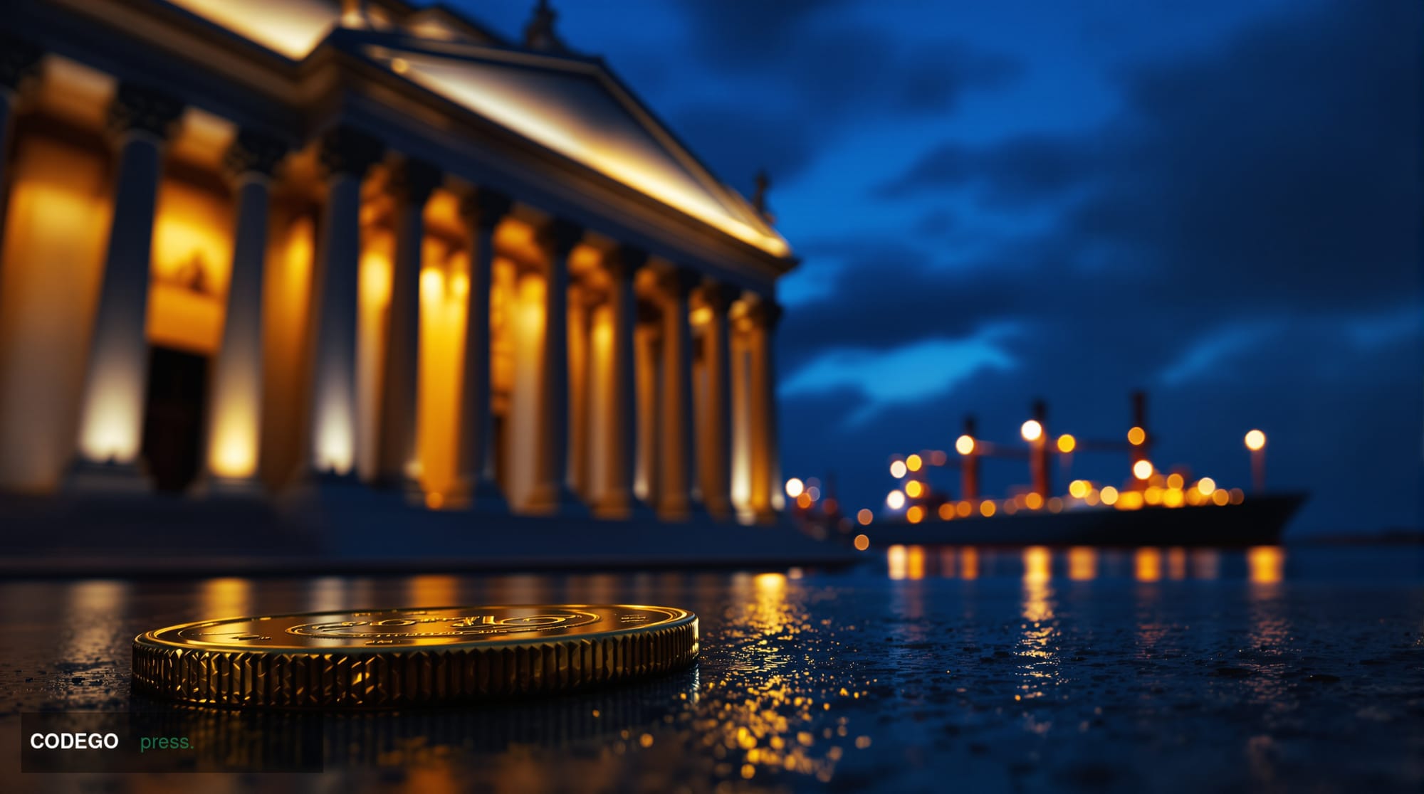A cinematic editorial photograph shot from a low angle looking up at a monumental stone and glass government treasury buildin