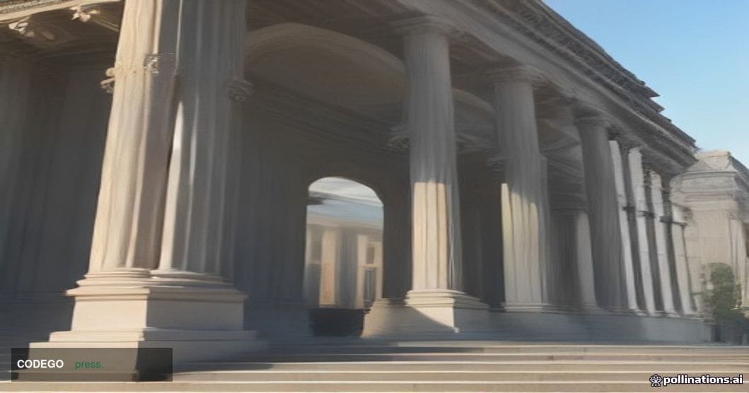 A photorealistic cinematic editorial photograph set in Washington D.C., with the neoclassical stone facade of the US Treasury