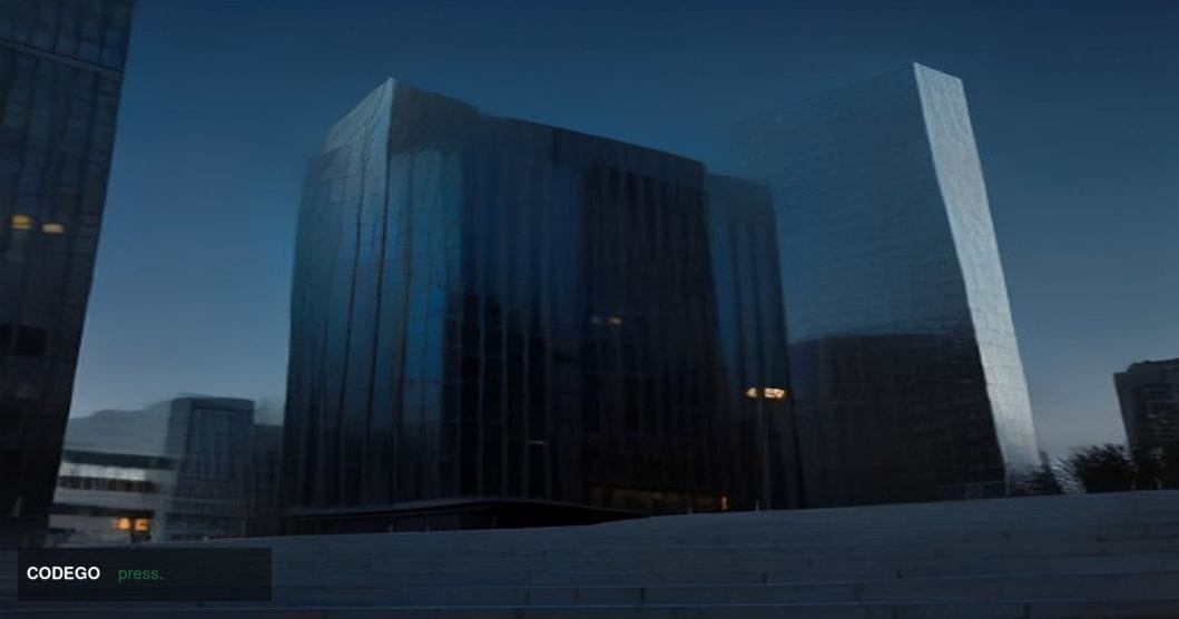 A dramatic cinematic editorial photograph set in the financial district of Ankara, Turkey, at dusk — a monolithic concrete an