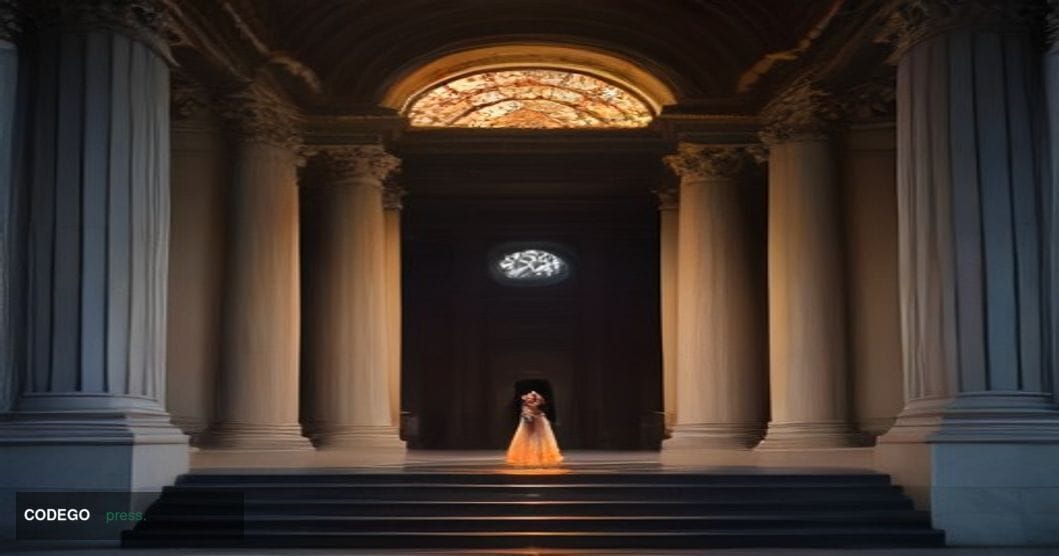 A cinematic editorial photograph set at dusk outside a grand neoclassical government building evoking Washington D.C.'s insti