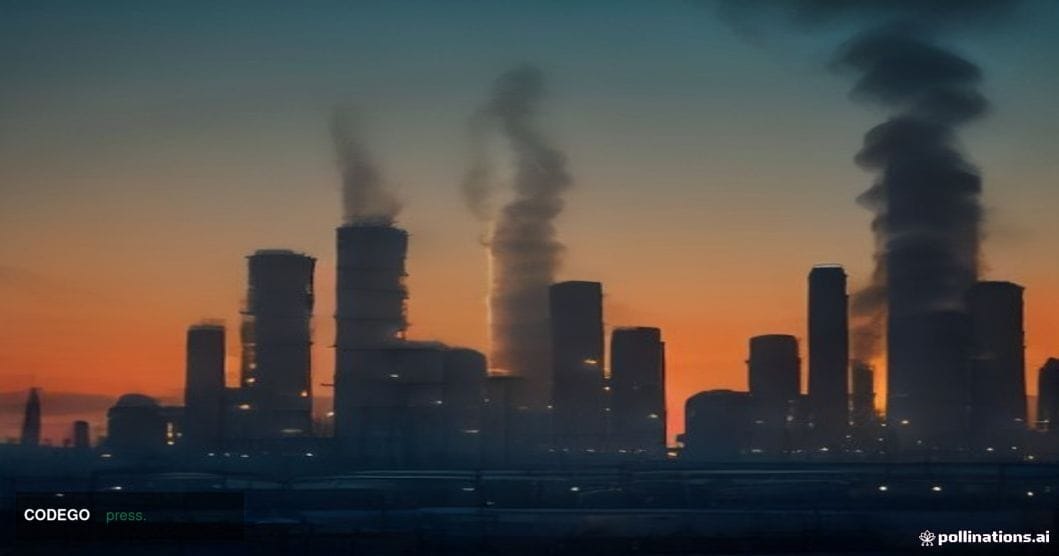 A cinematic editorial photograph shot at dusk from a low angle looking up at an industrial oil refinery complex set against a