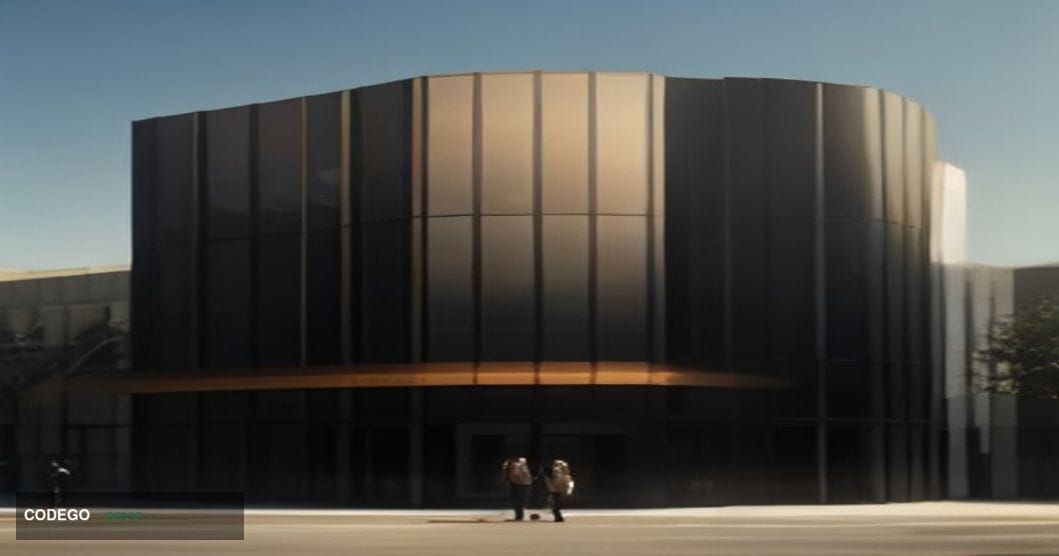 A dramatic editorial photograph of a sleek, modern mid-sized American bank branch exterior — warm amber late-afternoon sunlig