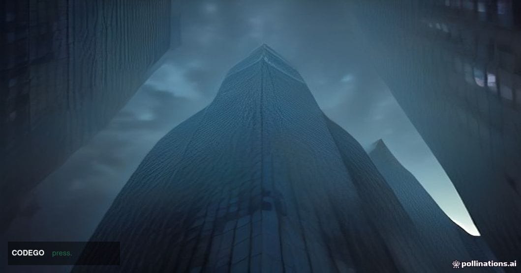 A cinematic editorial photograph shot from a low angle looking up at a gleaming glass-and-steel financial district tower at d