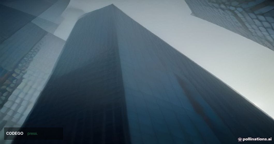 A photorealistic cinematic editorial photograph shot from a low angle looking up at a gleaming corporate glass-and-steel fina