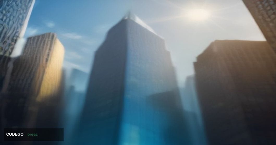 A cinematic editorial photograph shot at ground level looking upward at a gleaming modern financial district building facade 