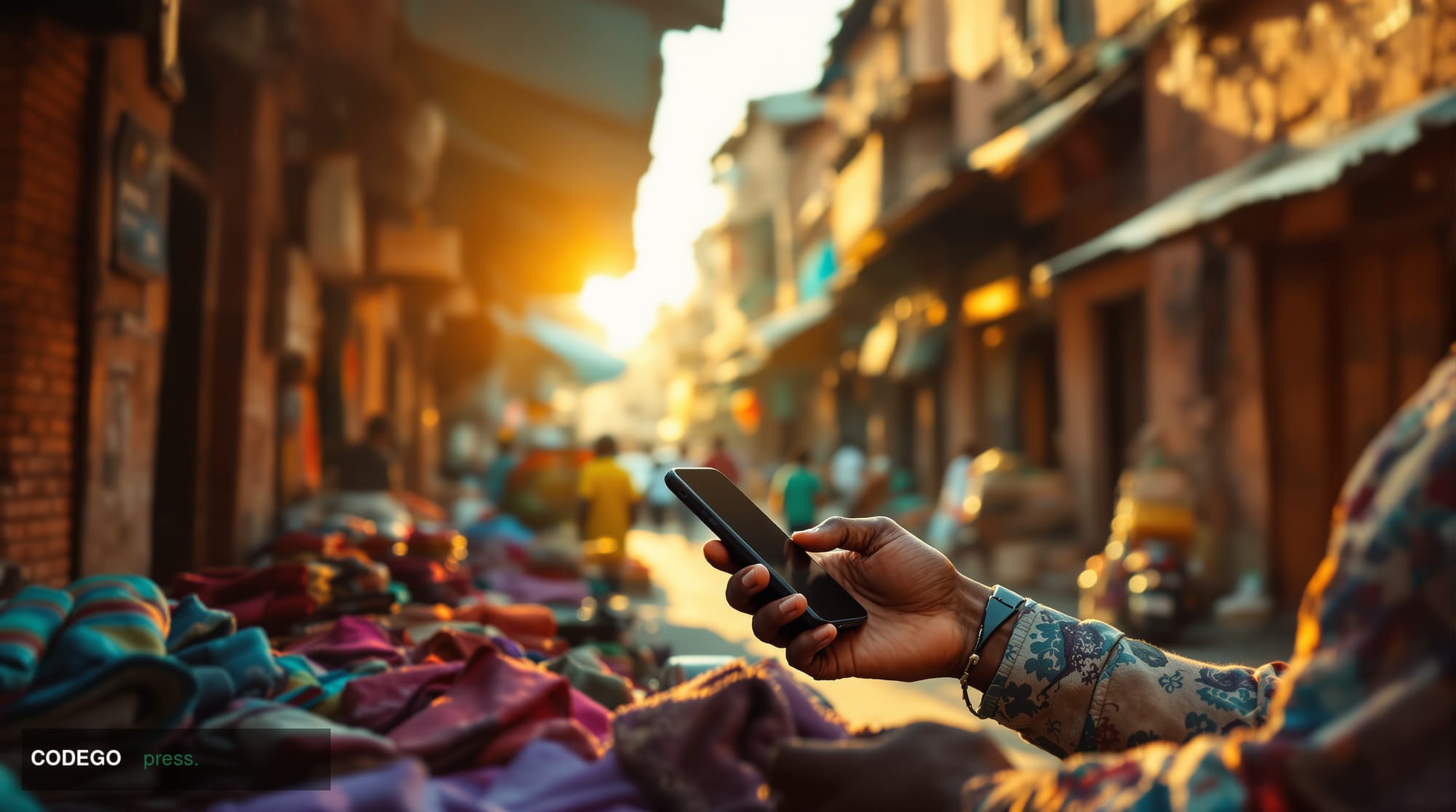 A photorealistic editorial photograph shot at ground level in a bustling emerging-market urban street scene — evocative of Su