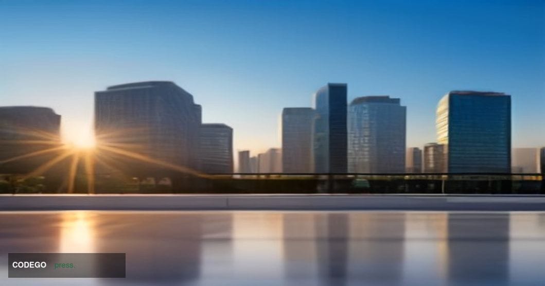A cinematic editorial photograph of Visa's Foster City corporate campus exterior at golden hour, the glass-and-steel facade c