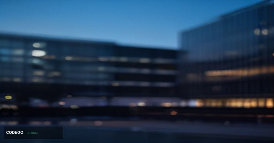 A cinematic editorial photograph shot at the Visa headquarters campus in Foster City, California, captured at dusk with the g