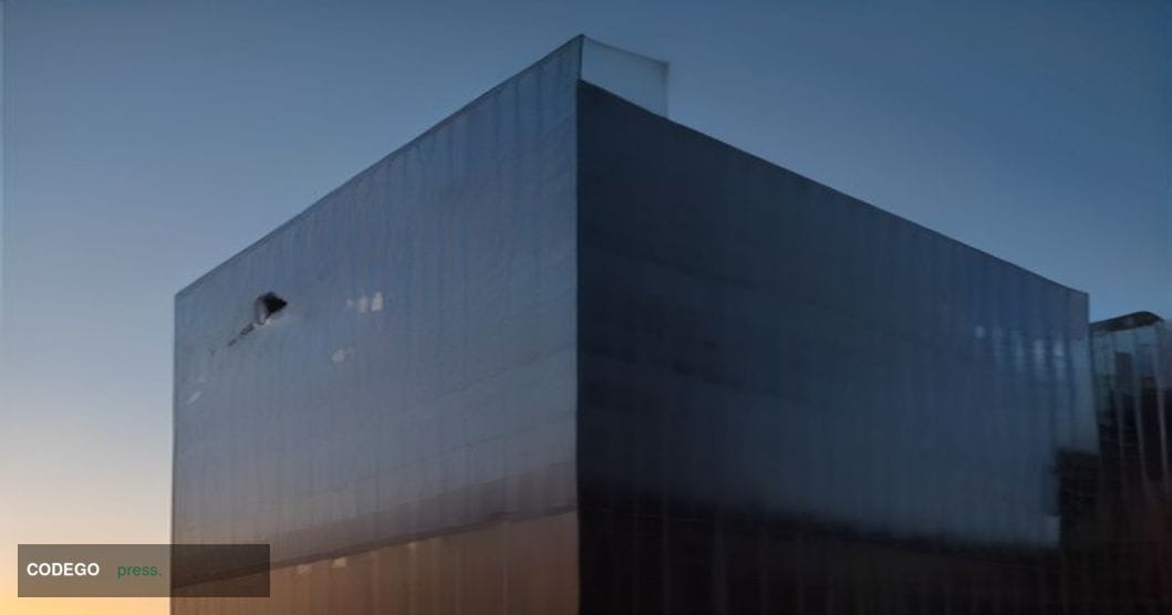 A photorealistic editorial photograph shot at ground level looking upward at a monumental glass-and-steel corporate financial