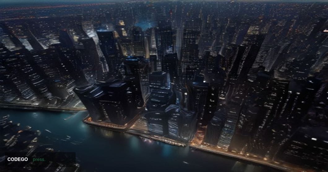 A wide-angle cinematic shot of lower Manhattan's financial district skyline at dusk, viewed from the East River waterfront, w