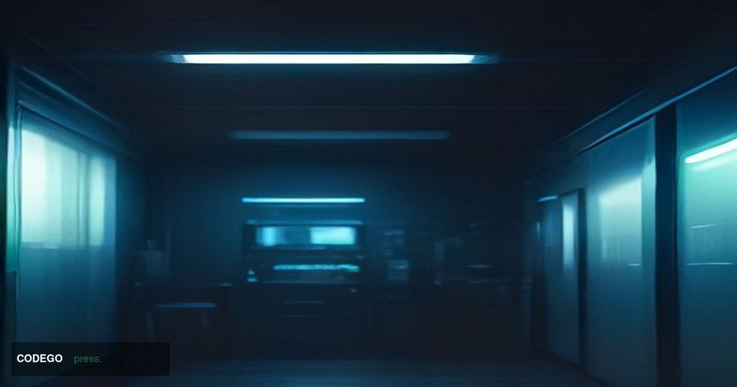 A cinematic editorial photograph of a standalone cryptocurrency kiosk machine in a dimly lit convenience store interior, shot