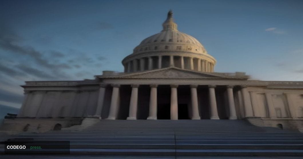 A wide-angle cinematic shot of the United States Capitol building at dusk, captured from a low angle looking upward along the