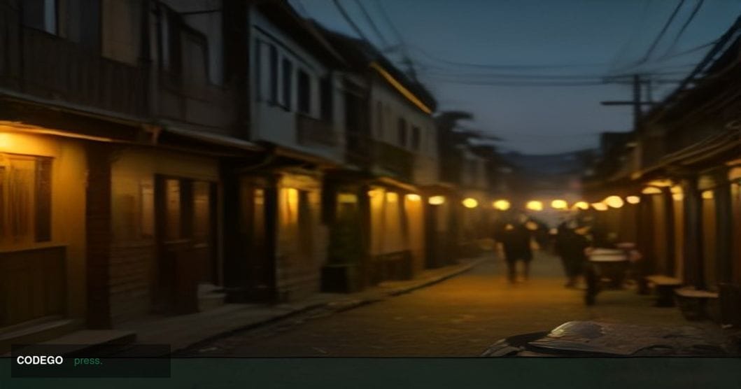 A photorealistic cinematic editorial photograph set in a bustling Indian urban neighborhood at dusk, warm amber streetlights 