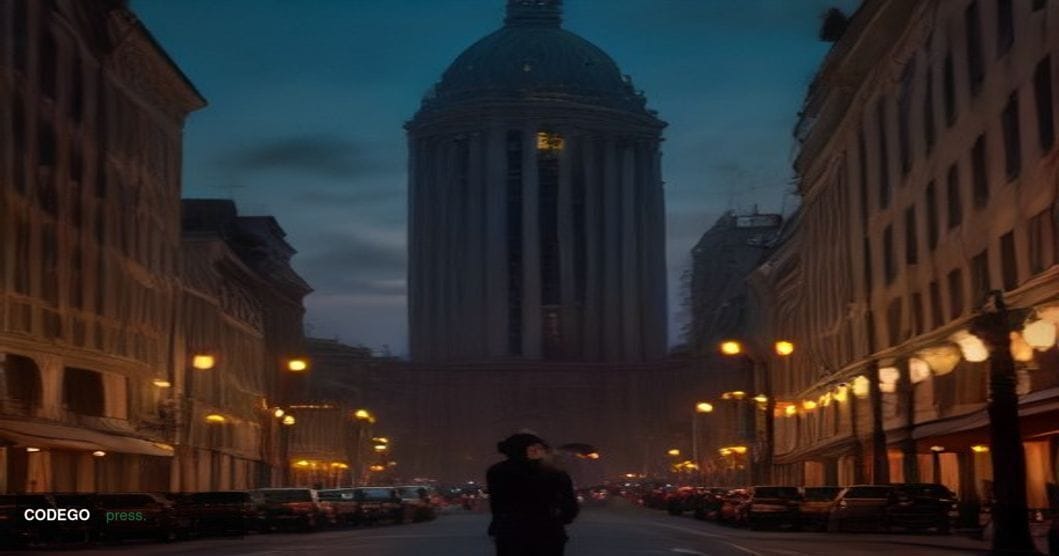 A dramatic cinematic editorial photograph shot at street level in a European financial district at dusk, with a grand neoclas