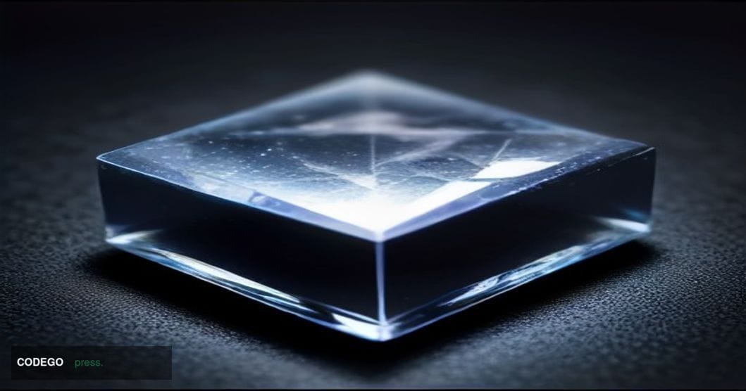 A dramatic cinematic close-up of a physical bitcoin token resting on the edge of a dark glass surface, partially suspended ov