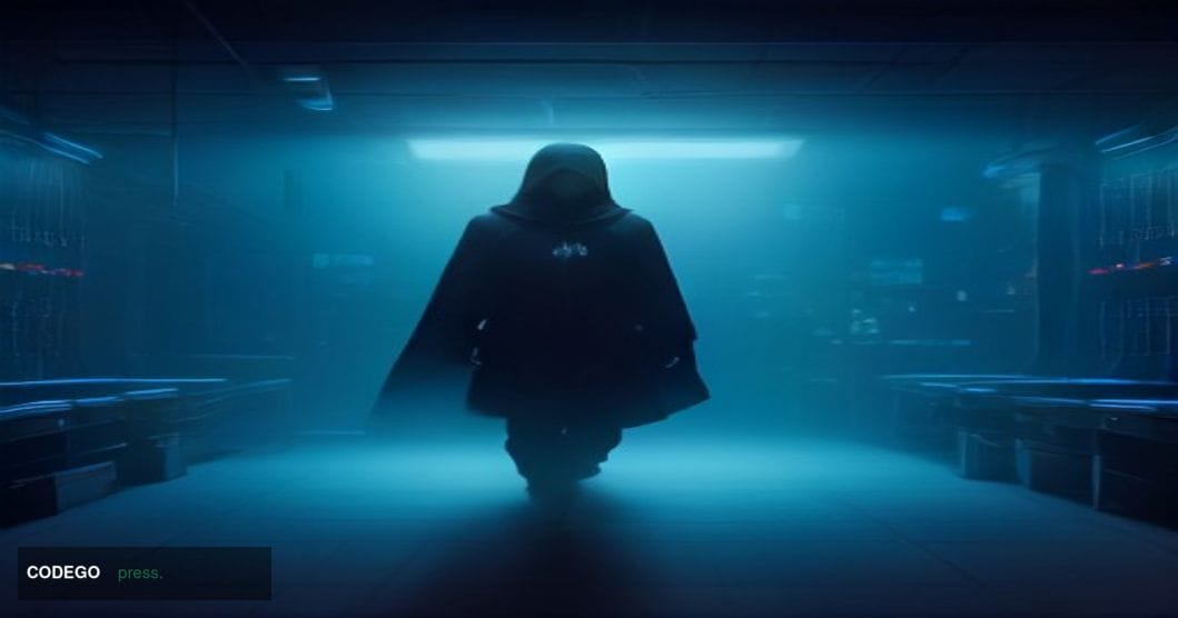 A cinematic editorial photograph depicting a dramatic split-scene composition set inside a dimly lit, high-security cryptocur