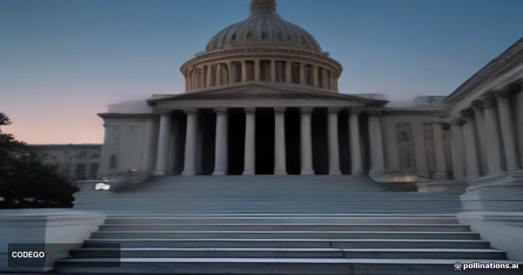 A wide-angle cinematic shot of the United States Capitol building's neoclassical dome at dusk, framed from a low-angle perspe
