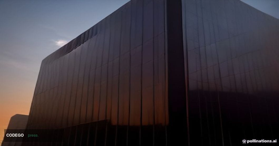 A dramatic cinematic editorial photograph of a monumental glass-and-steel banking headquarters at dusk, shot from a low angle