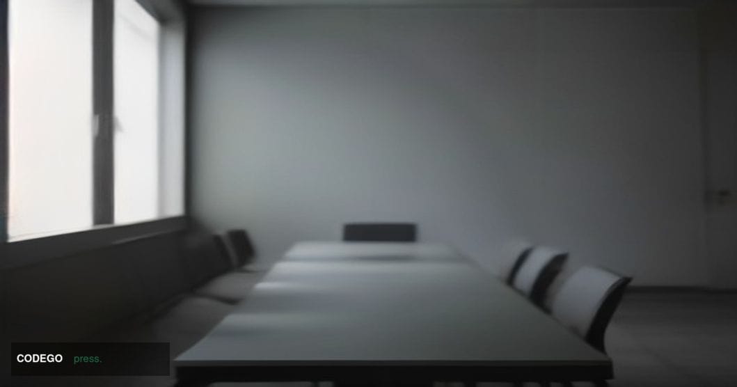 A cinematic editorial photograph inside a minimalist modern bank branch meeting room, shot from a low angle looking up at a l