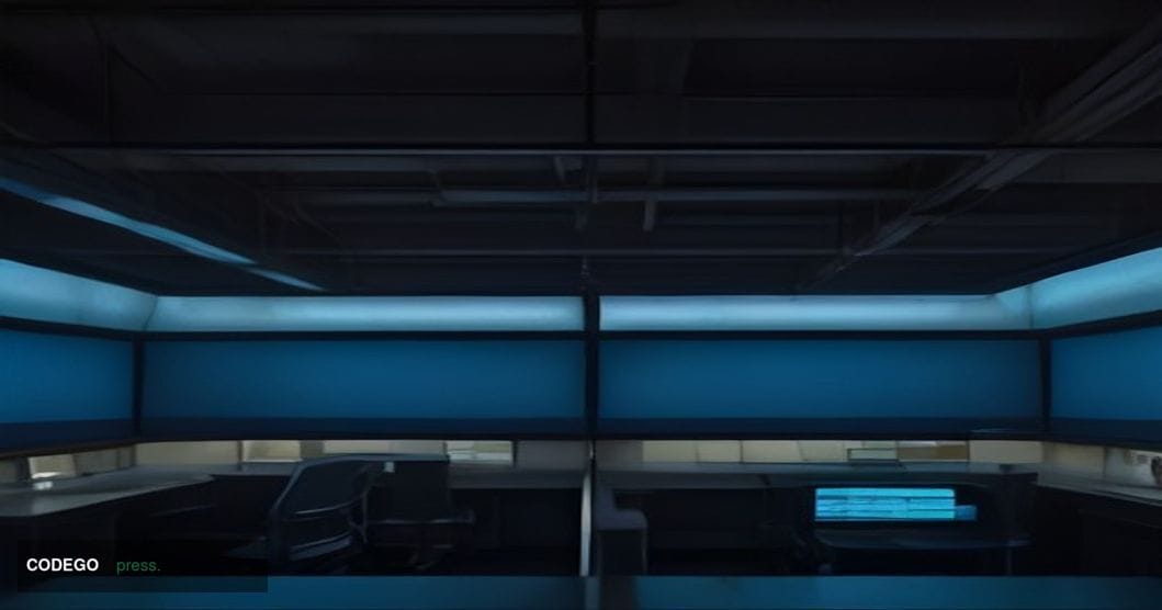 A dimly lit digital trading floor environment photographed from a low-angle perspective, with multiple blank dark monitor scr