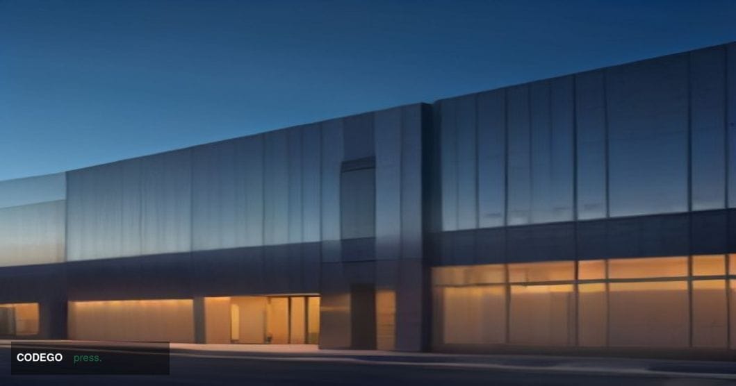 A cinematic editorial photograph of a sleek, modern Silicon Valley-style corporate campus exterior at dusk, featuring a vast 