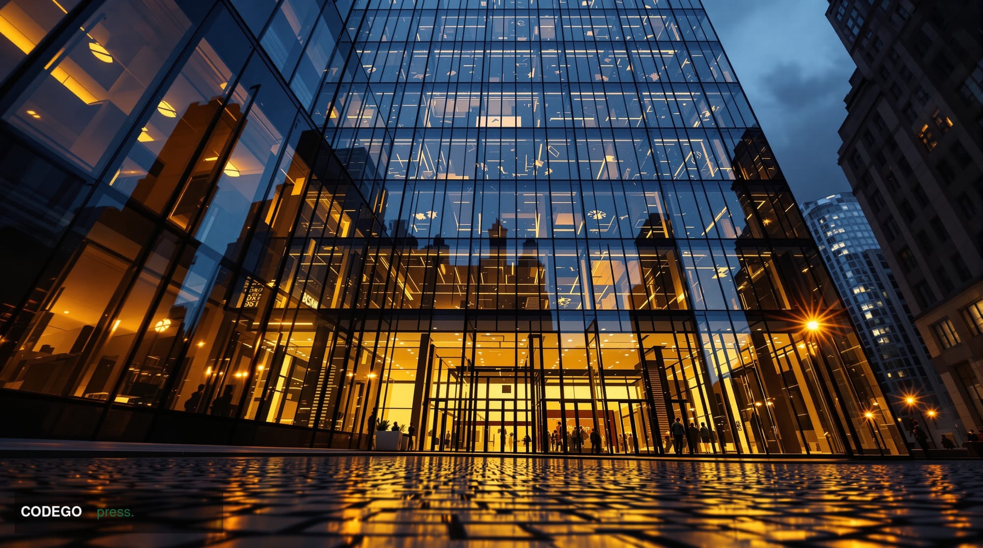 A dramatic wide-angle ground-level shot looking up at the glass and steel façade of a classic London financial district banki