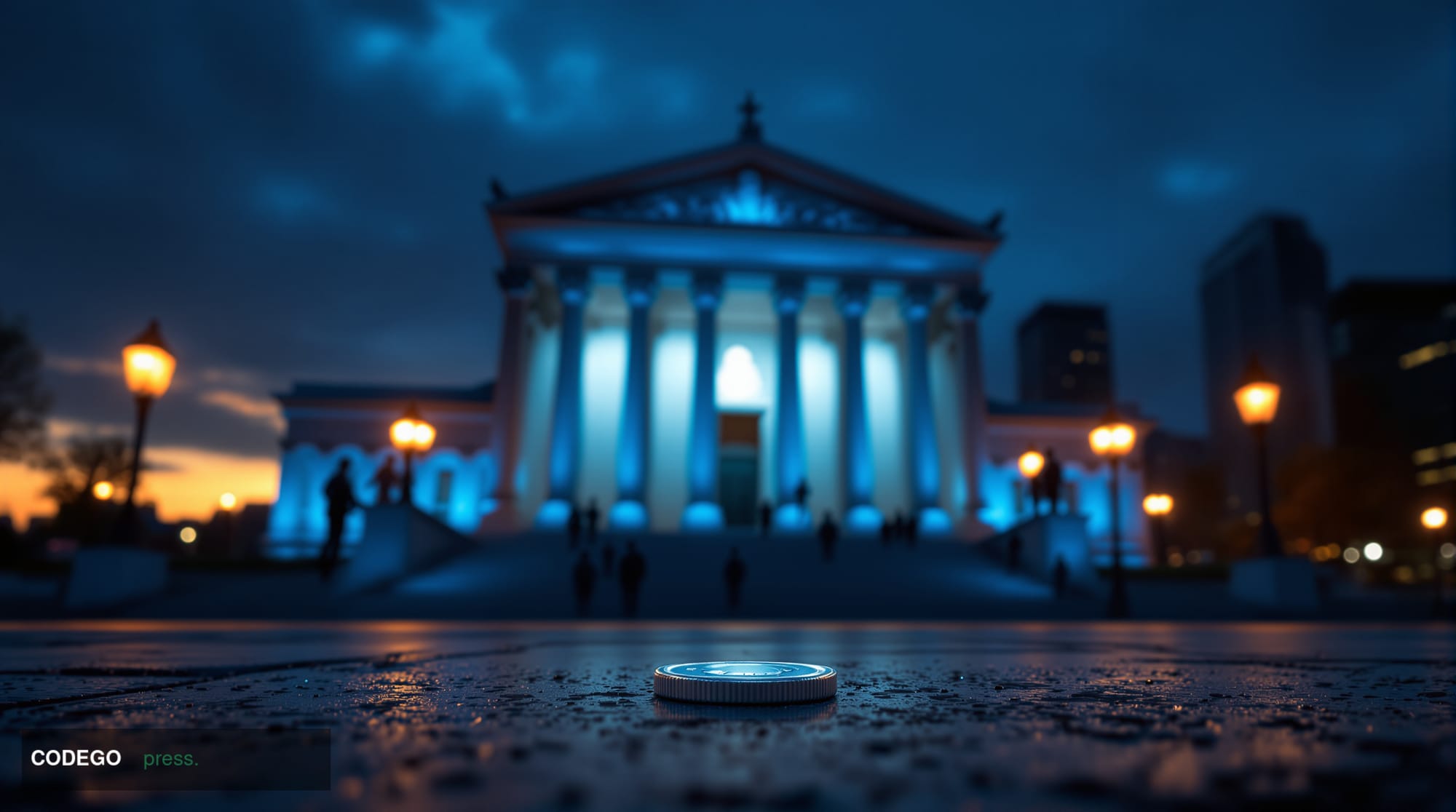 A dramatically lit federal courthouse exterior at dusk, its neoclassical stone columns and wide granite steps bathed in cool 