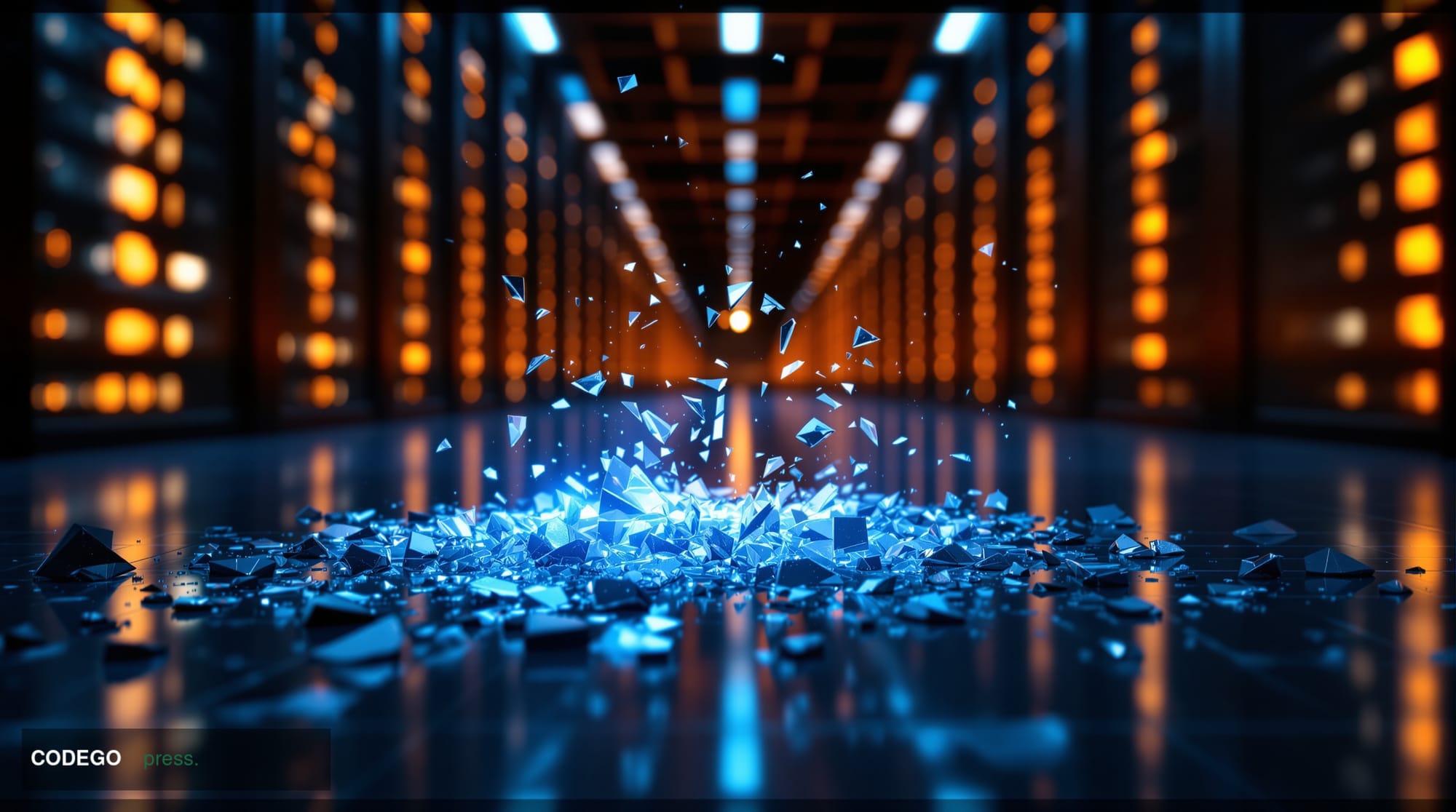 A dramatic cinematic editorial photograph of a fractured digital vault door rendered in cold steel and glass, set inside a da