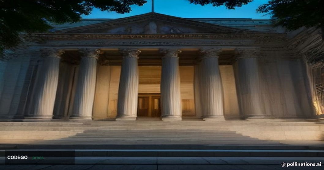 A grand neoclassical federal government building with imposing marble columns photographed at dusk from a low wide-angle grou