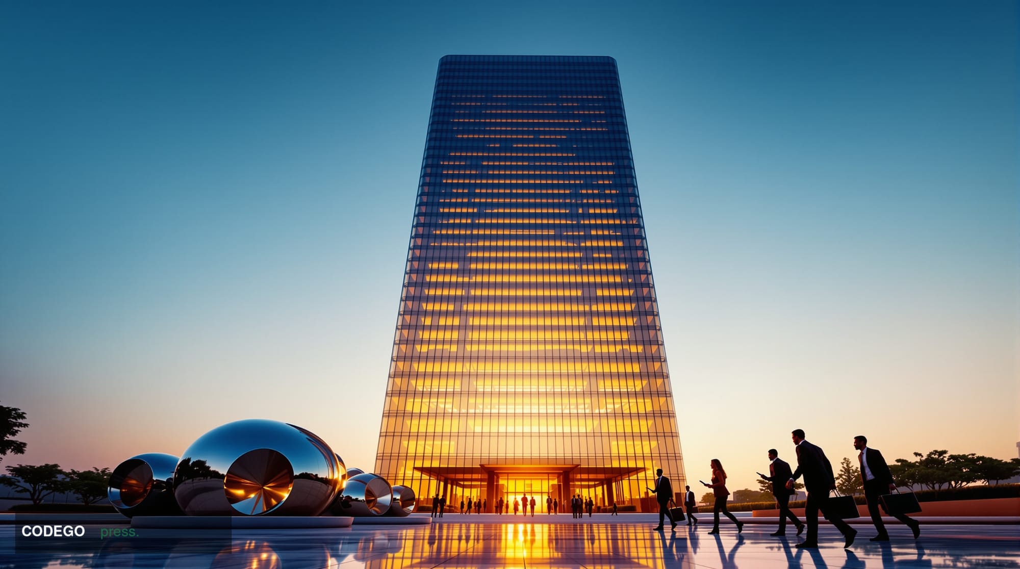 A cinematic editorial photograph of a sleek, modern African bank headquarters at golden hour — a towering glass and steel cor