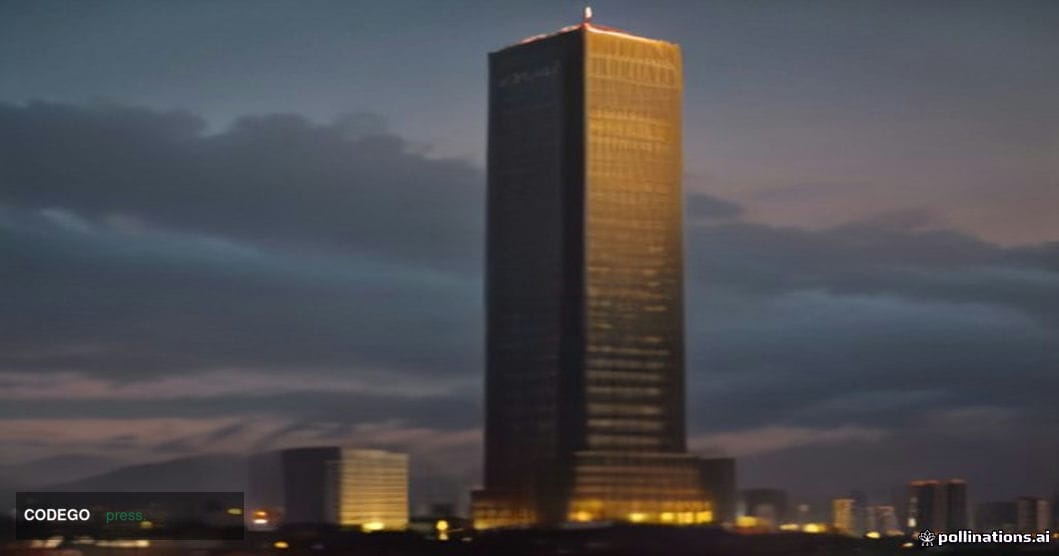 A cinematic editorial photograph of a modern financial district in Bogotá, Colombia, with the iconic Cerros de Monserrate mou