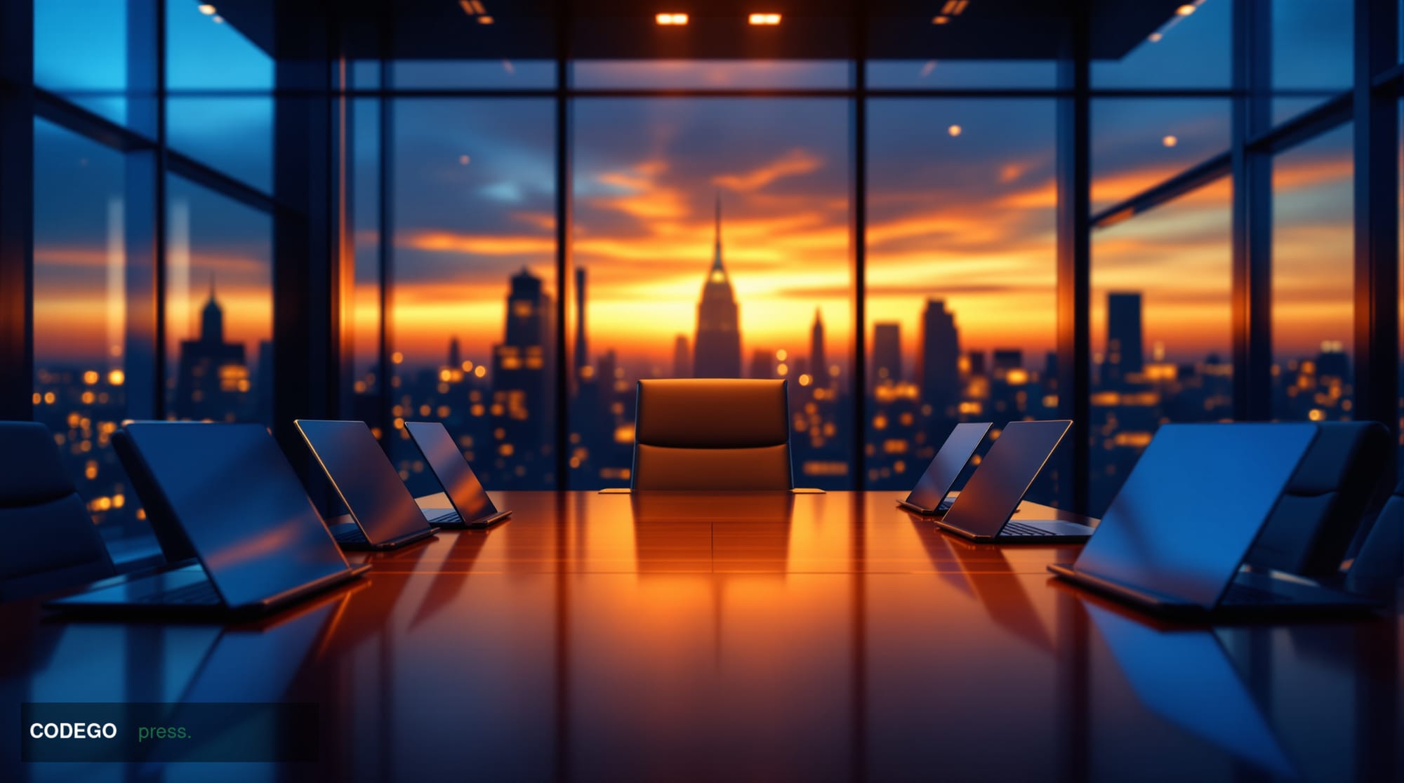 A wide-angle cinematic interior shot of a grand, glass-walled corporate advisory boardroom, shot from a low camera angle look